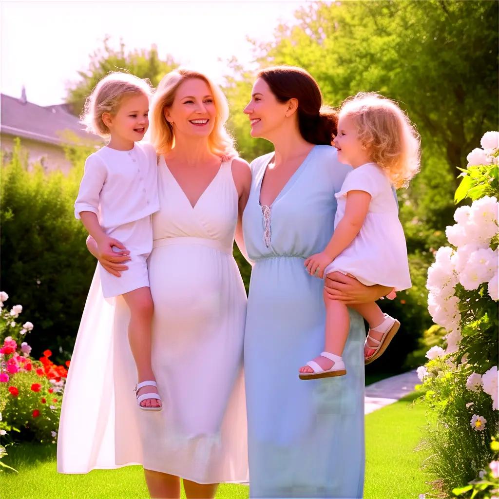 Two moms walk with their children in a garden