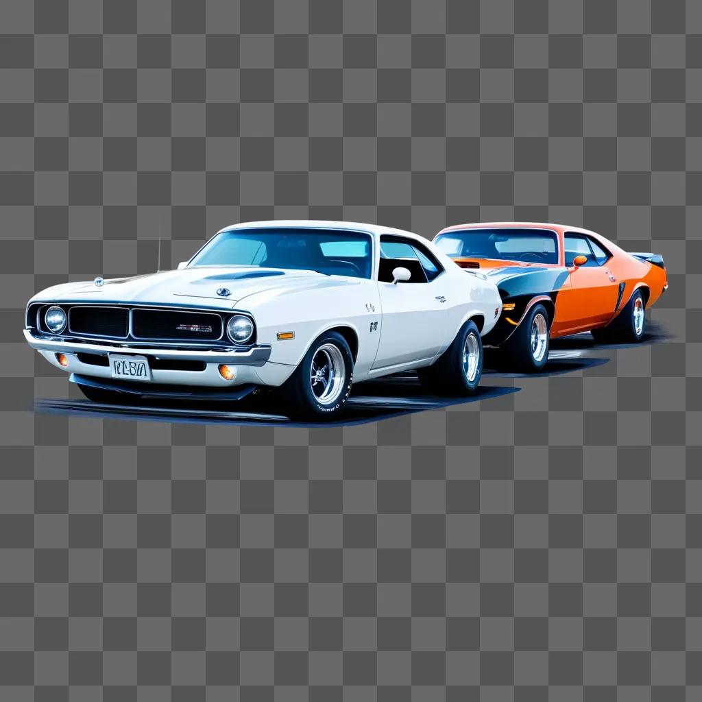 Two muscle cars racing on a grey background