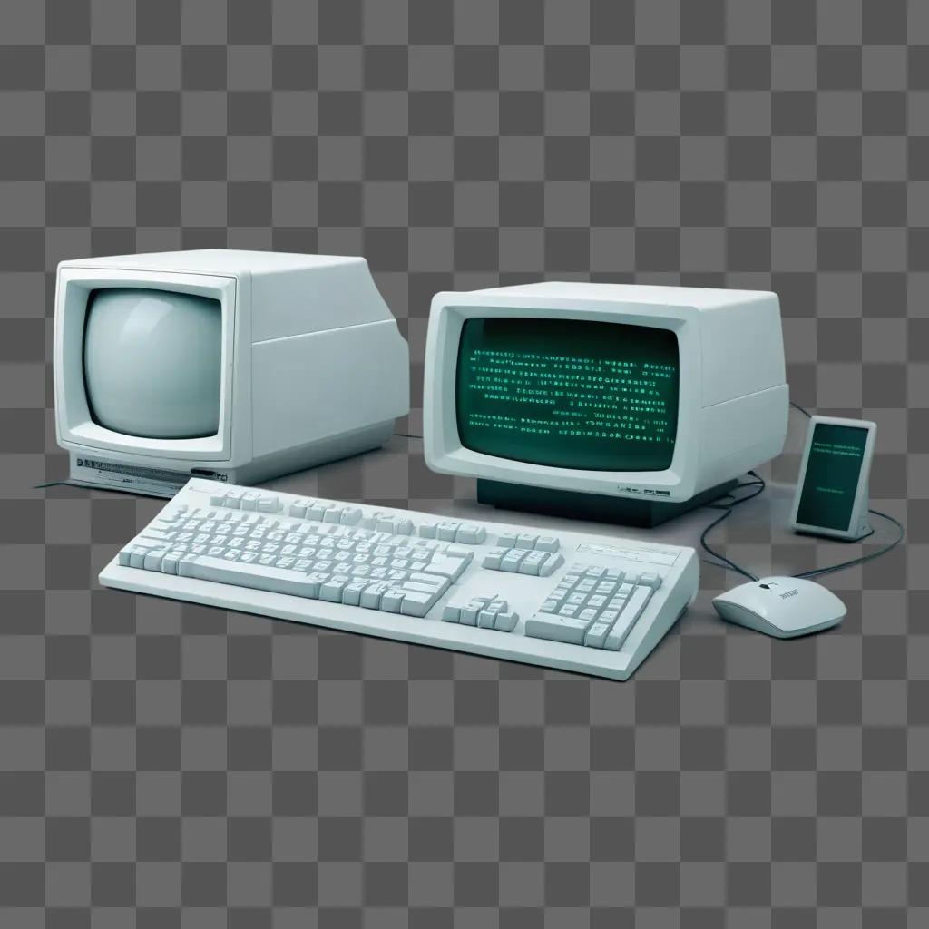 Two old computers and a cell phone on a gray background