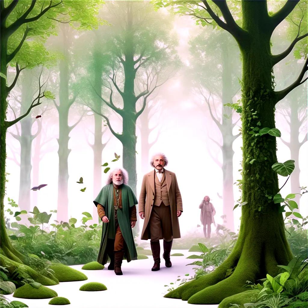 Two old men walk through a green forest