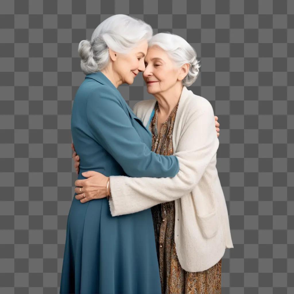 Two old women hug against a grey background