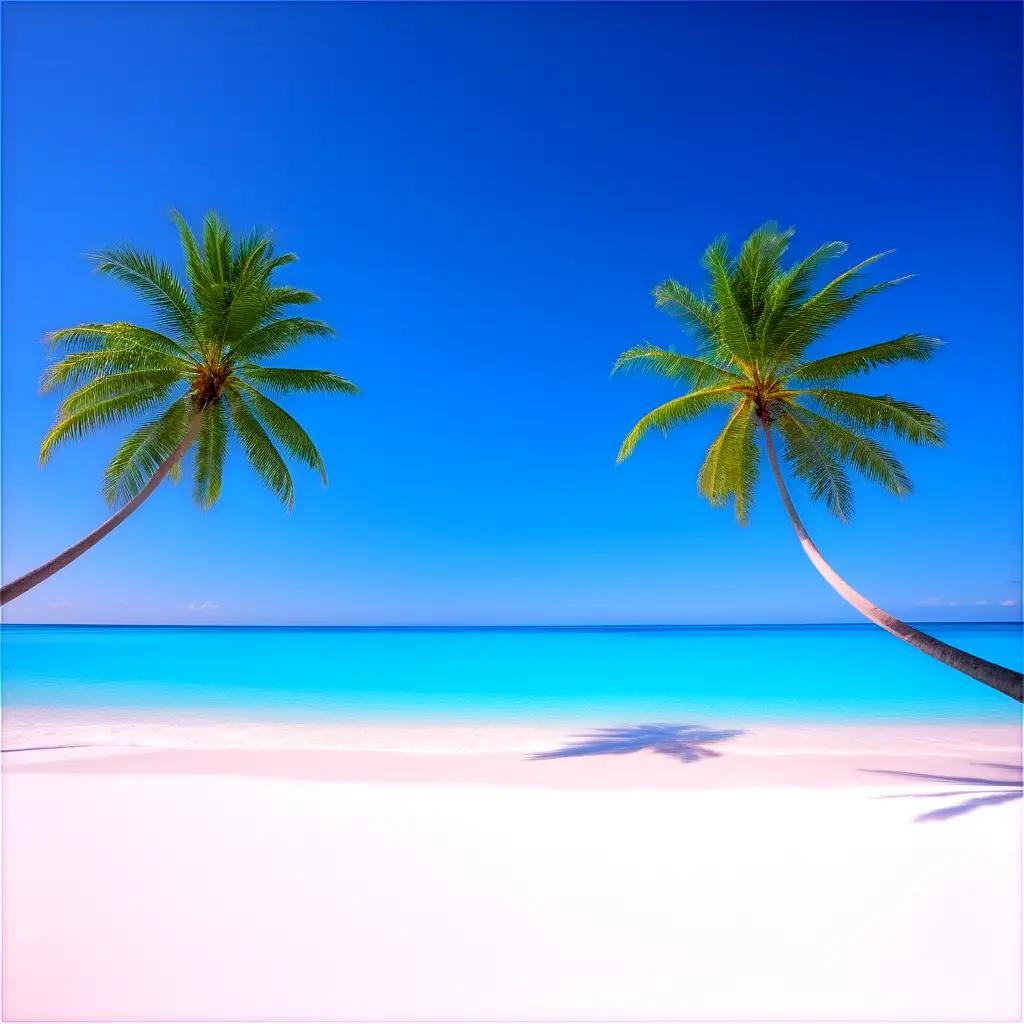 Two palm trees on a beach with clear blue sky