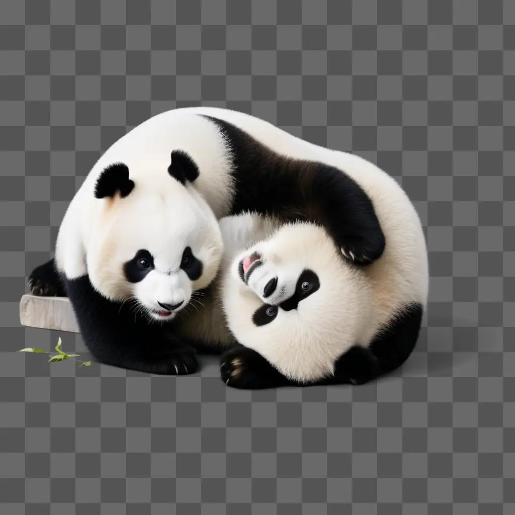 Two panda bears playing together on the ground