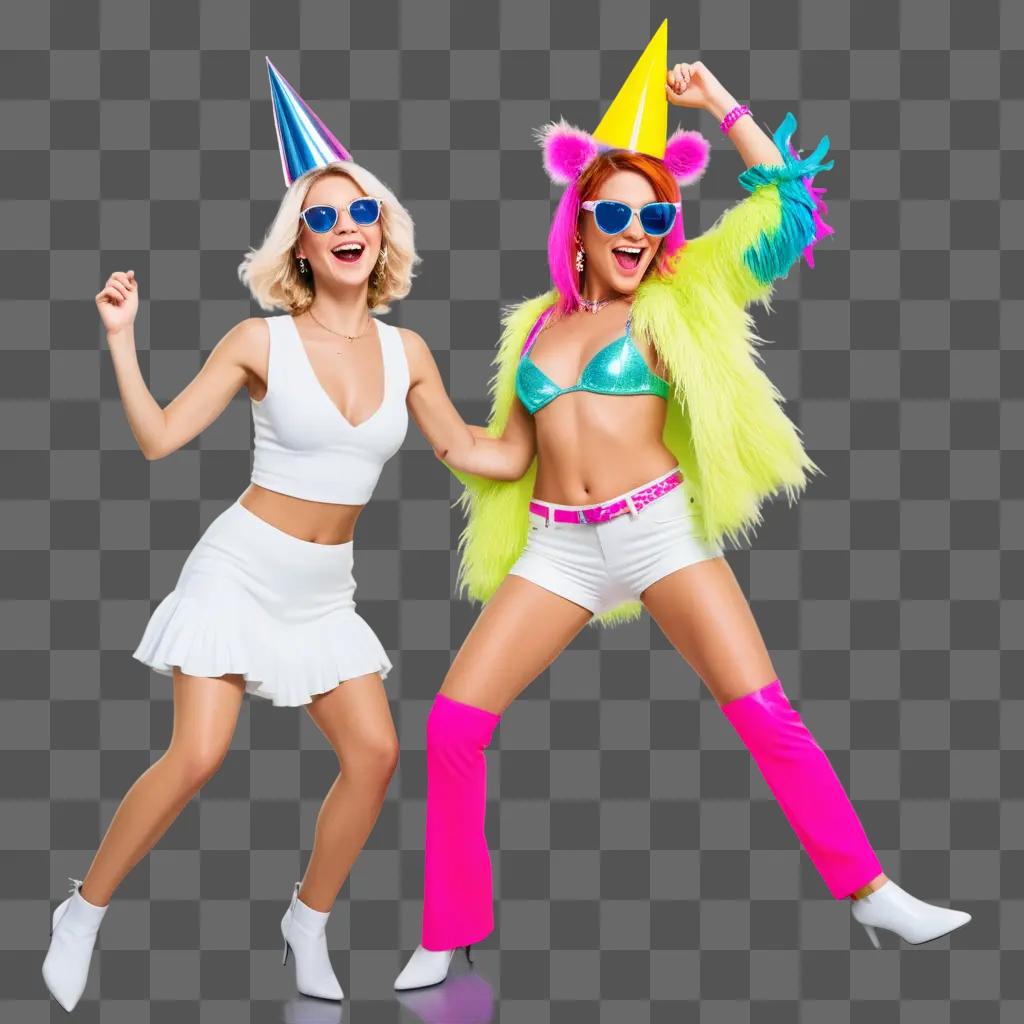 Two party animals in colorful costumes dance at a party