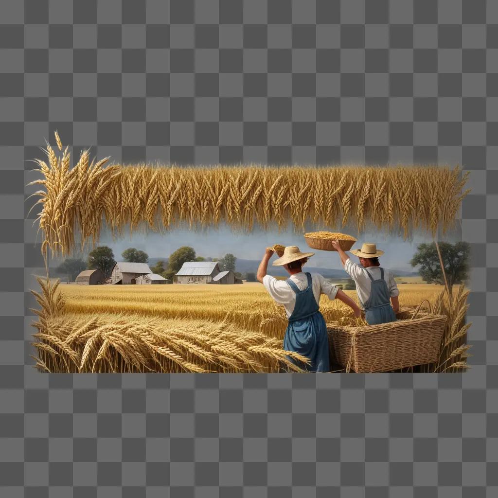 畑で小麦を収穫する2人
