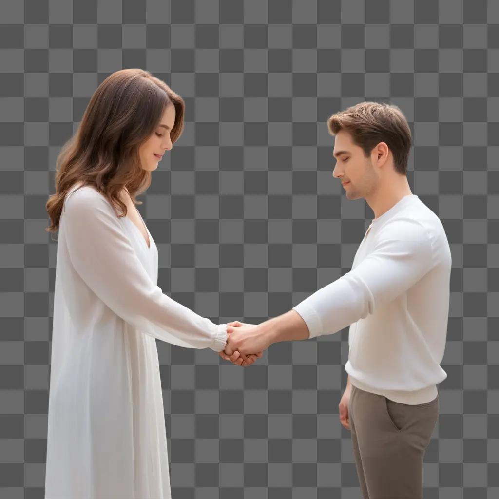 Two people holding hands in a white room