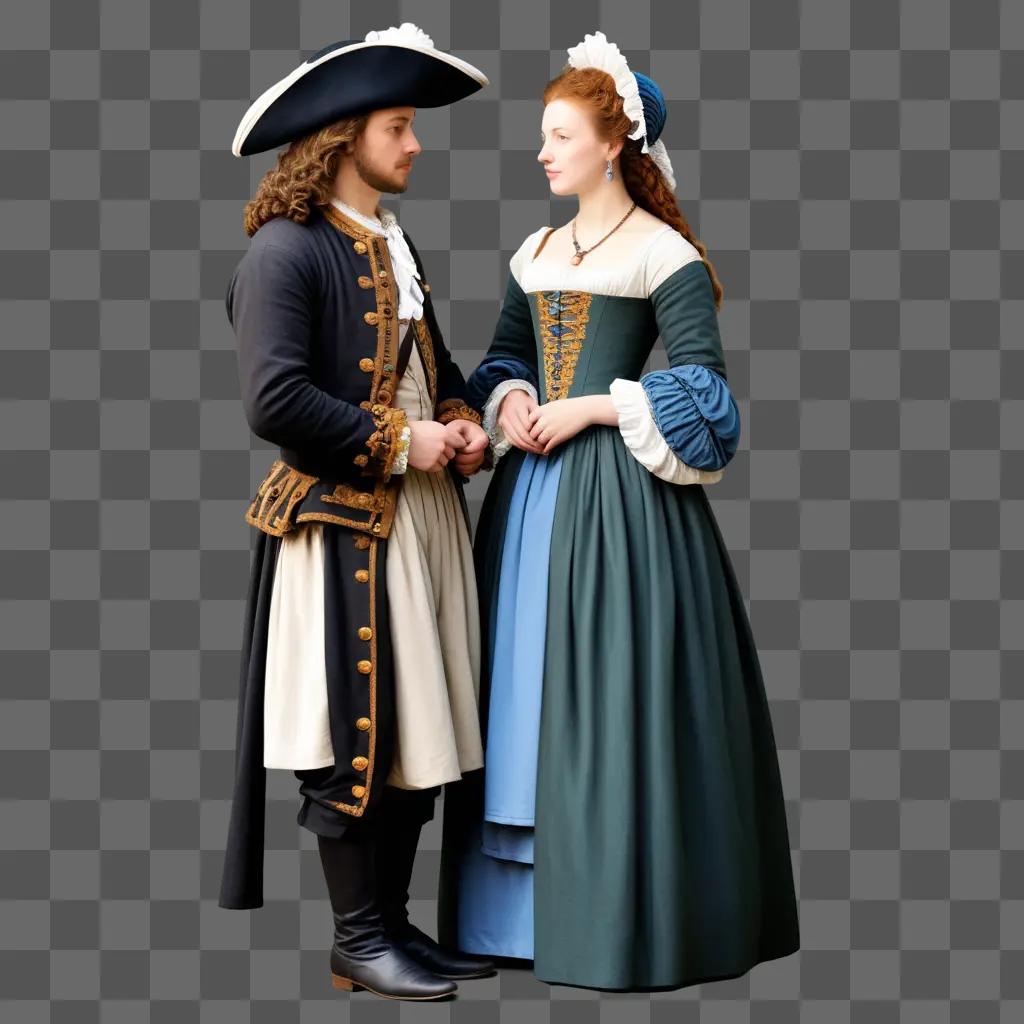 Two people in 17th century costumes stand close together