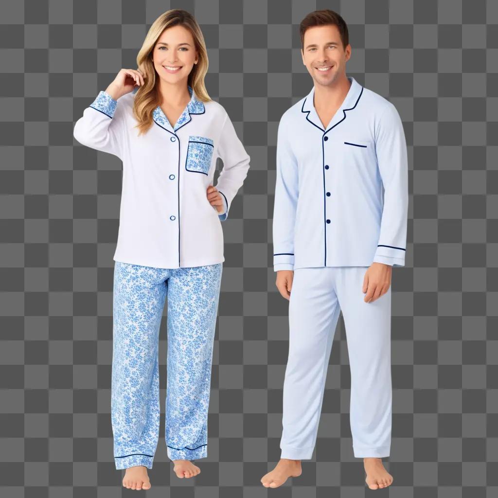 Two people in pajamas smile for the camera