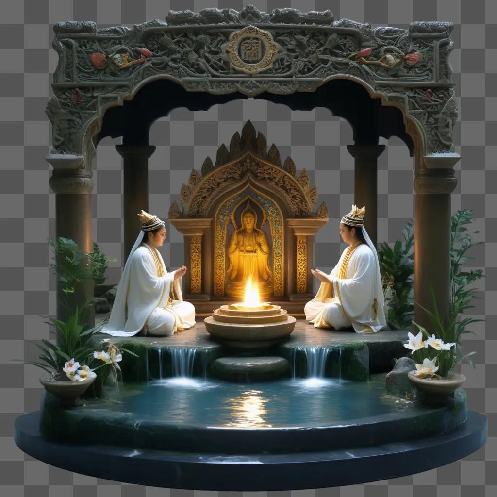 Two people praying in front of a statue