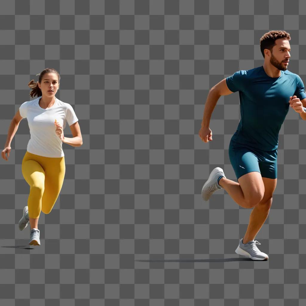 Two people run on a grey background