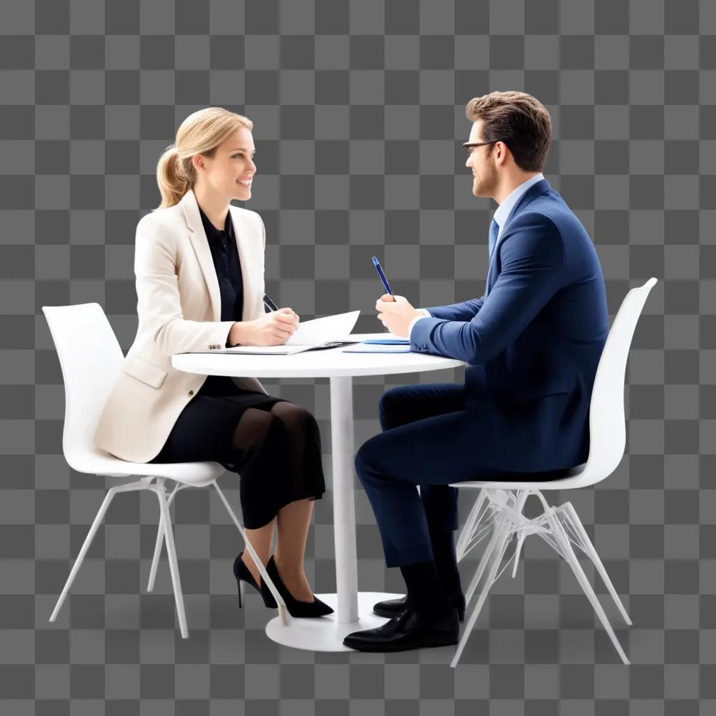 Two people sit at a table and interview each other