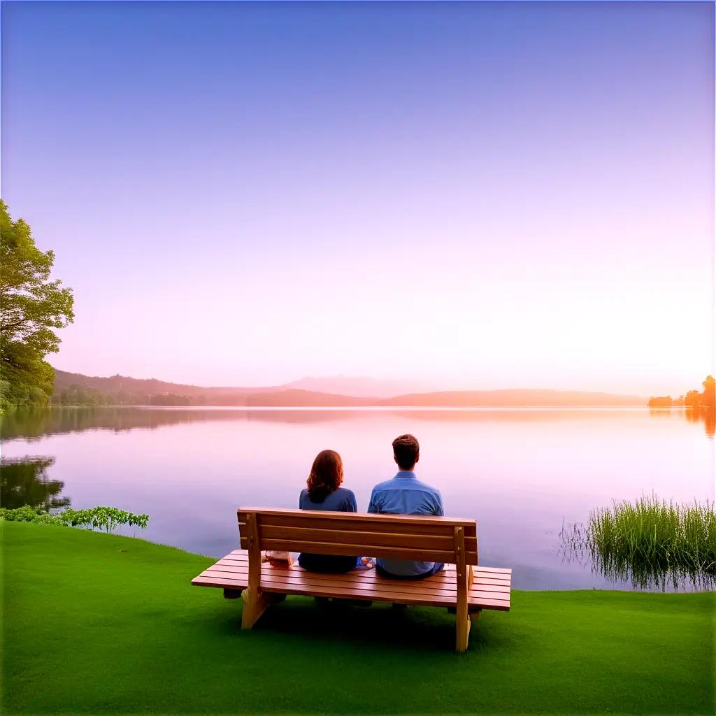 Two people sit on a bench, relaxing by the lake