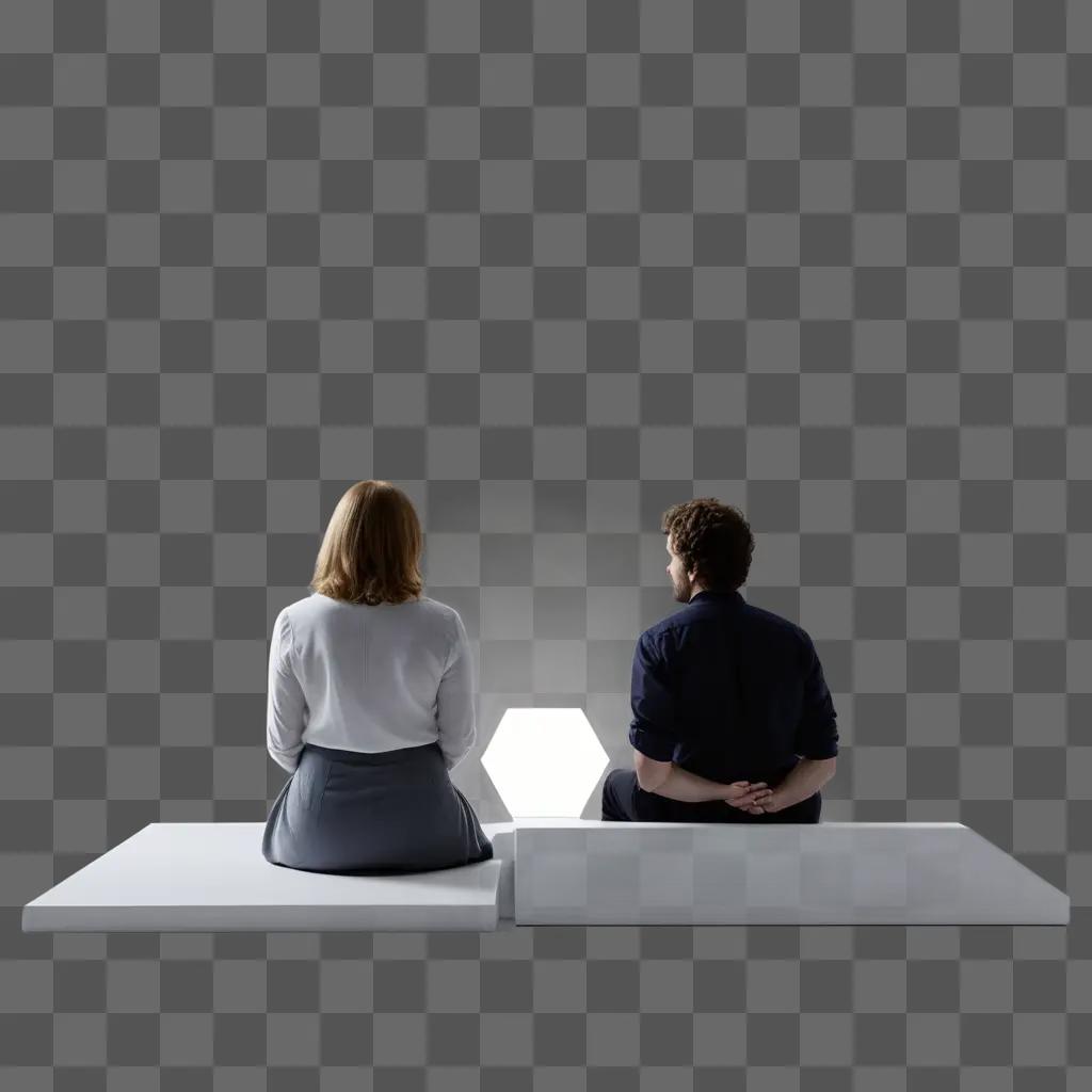 Two people sit on a bench in front of a light source