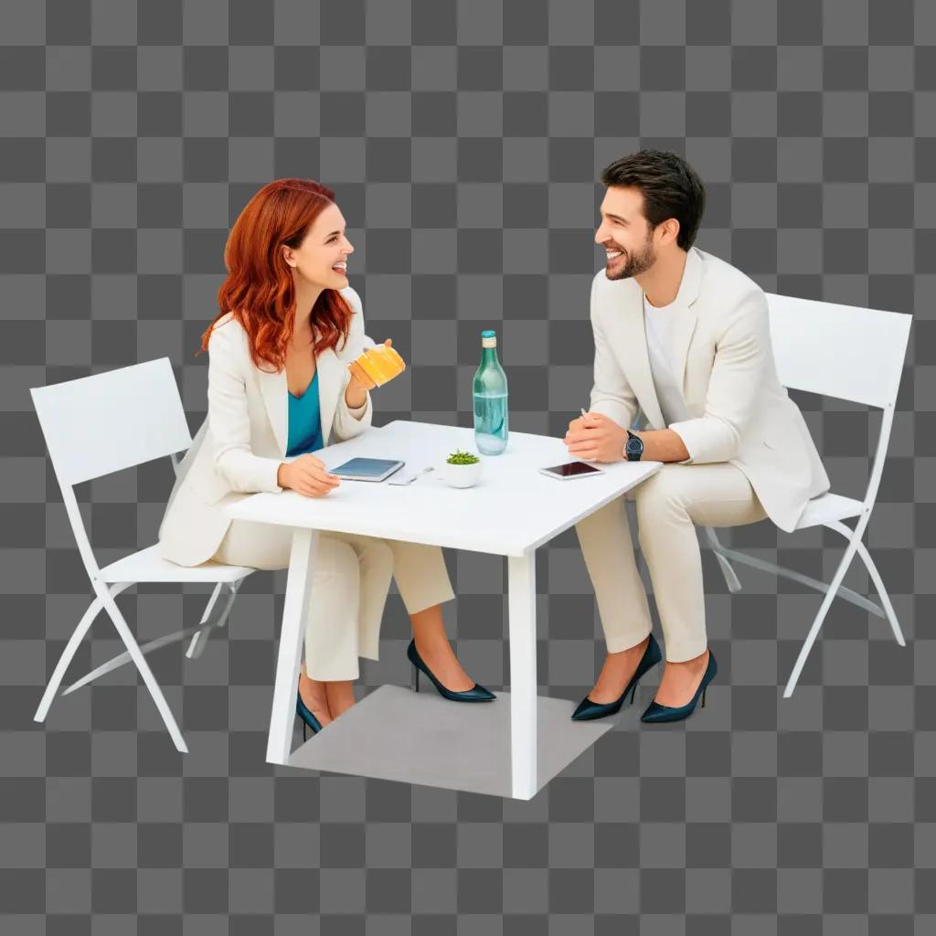 Two people sitting at a table, talking