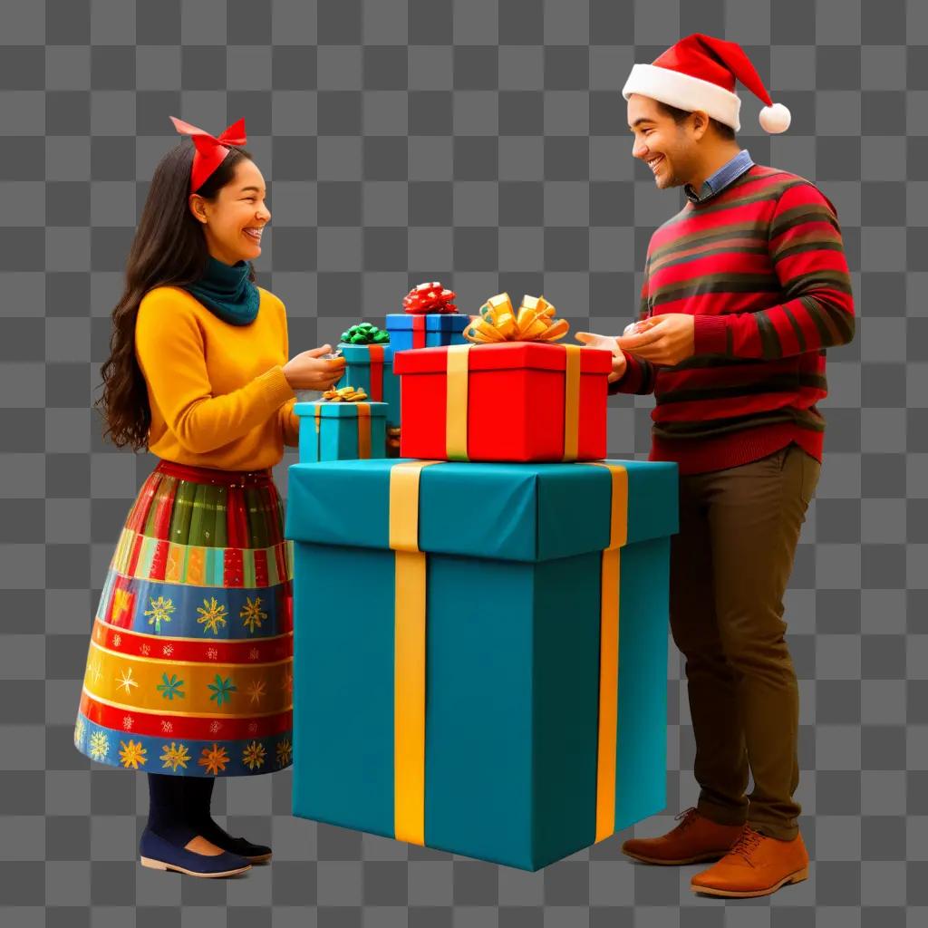 Two people with colorful clothing stand in front of a blue gift box