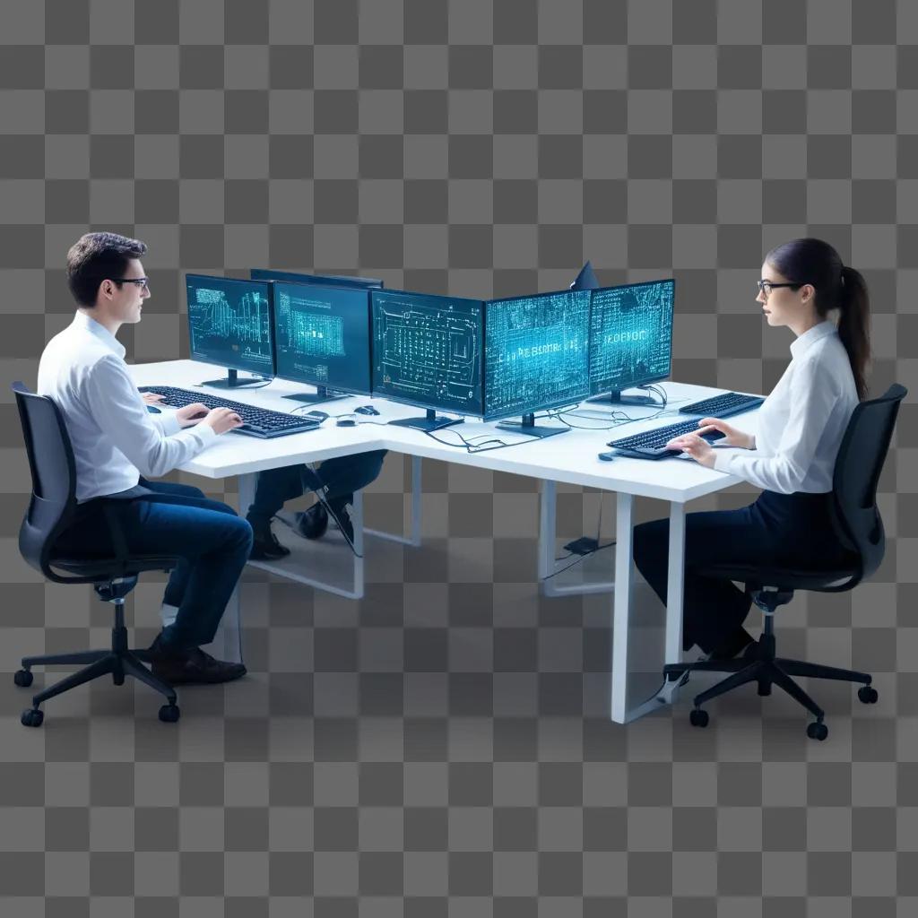 Two people working on computer screens