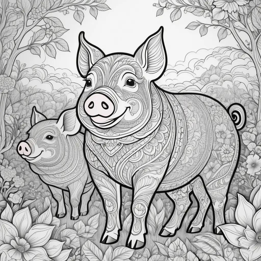 黒と白のぬりえの花柄の2匹の豚