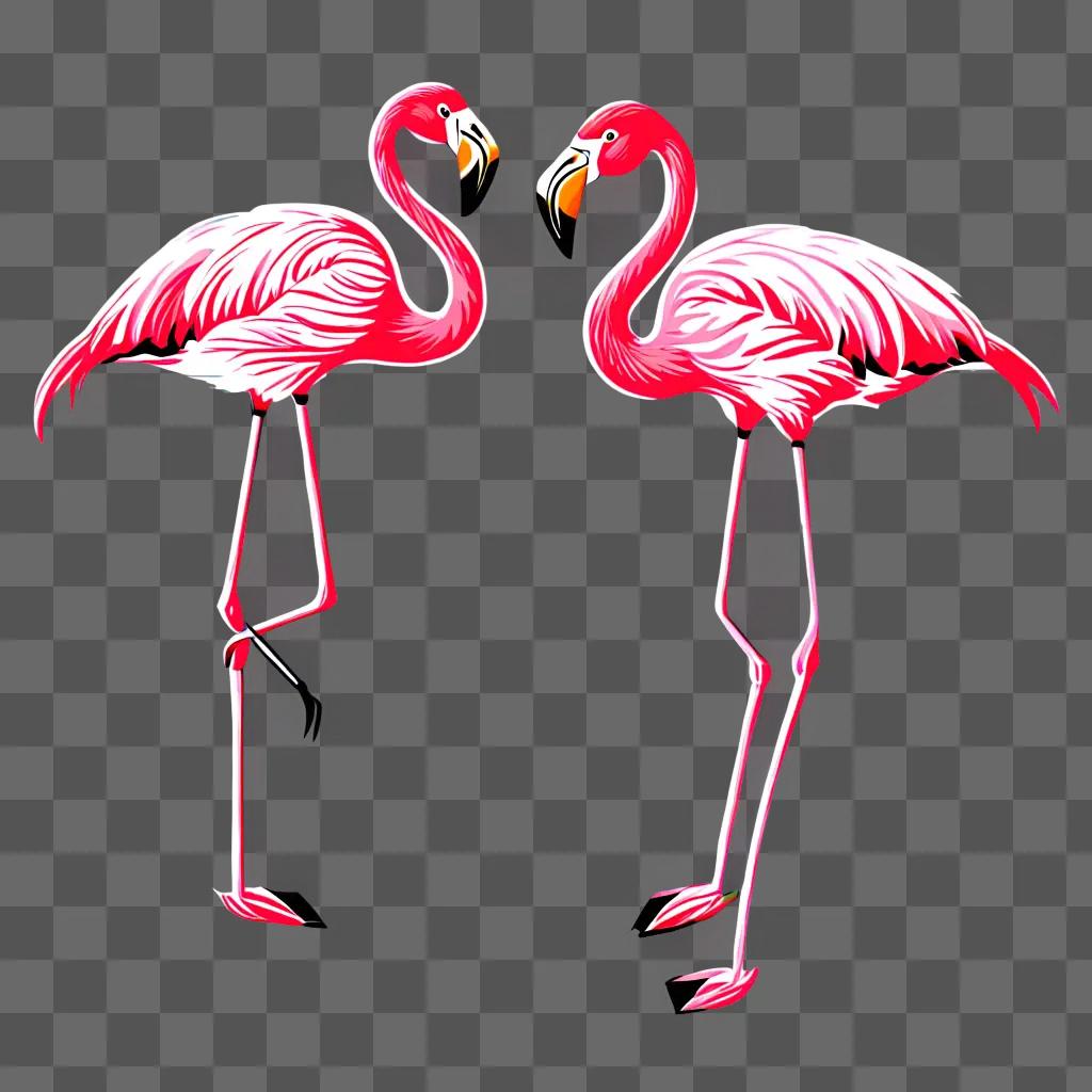 Two pink flamingos stand side by side