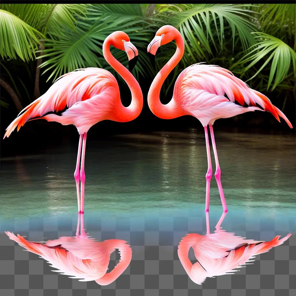 Two pink flamingos stand together on a pond