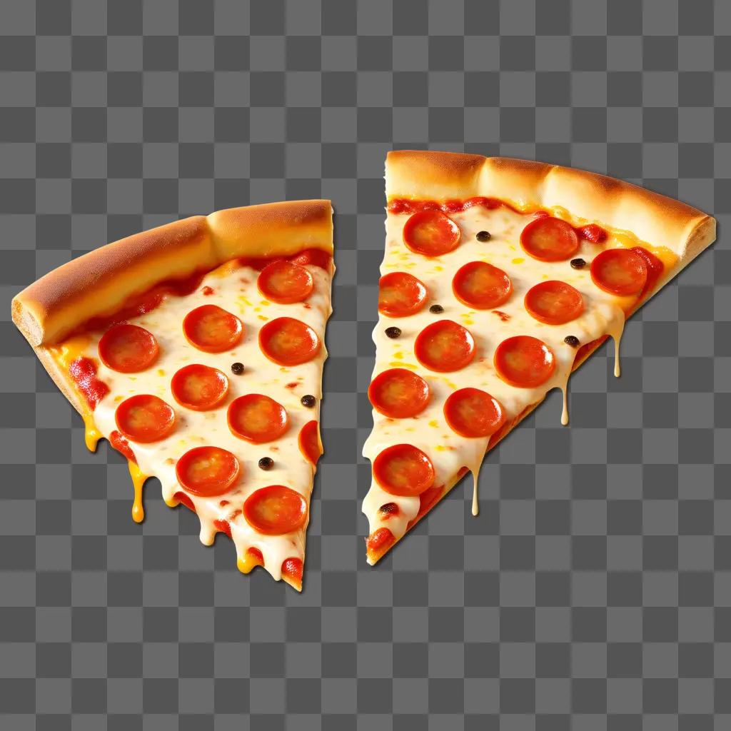 Two pizza slices on a brown background