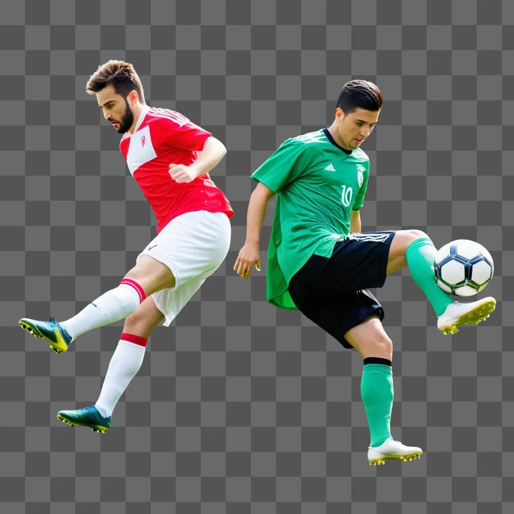 Two players in soccer uniforms with a soccer ball