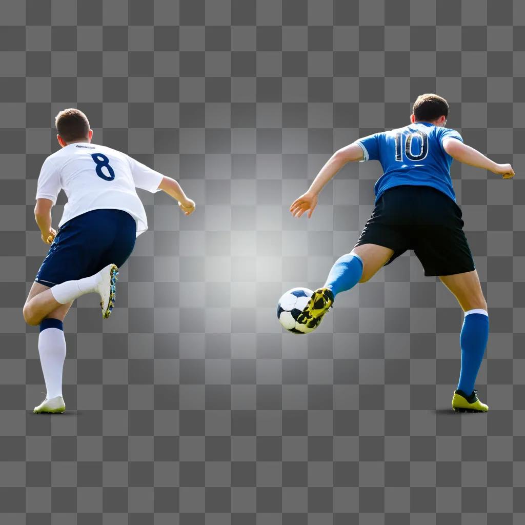 Two players with numbers chase a ball in a free soccer game