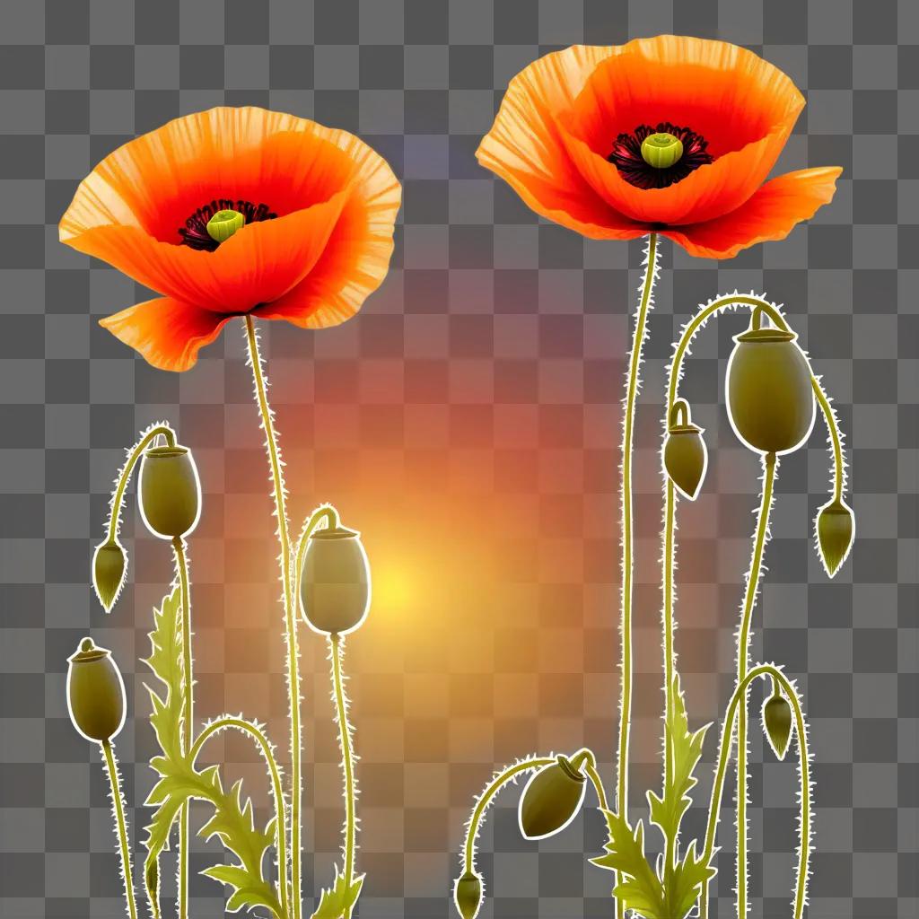 Two poppy flowers with bright green centers