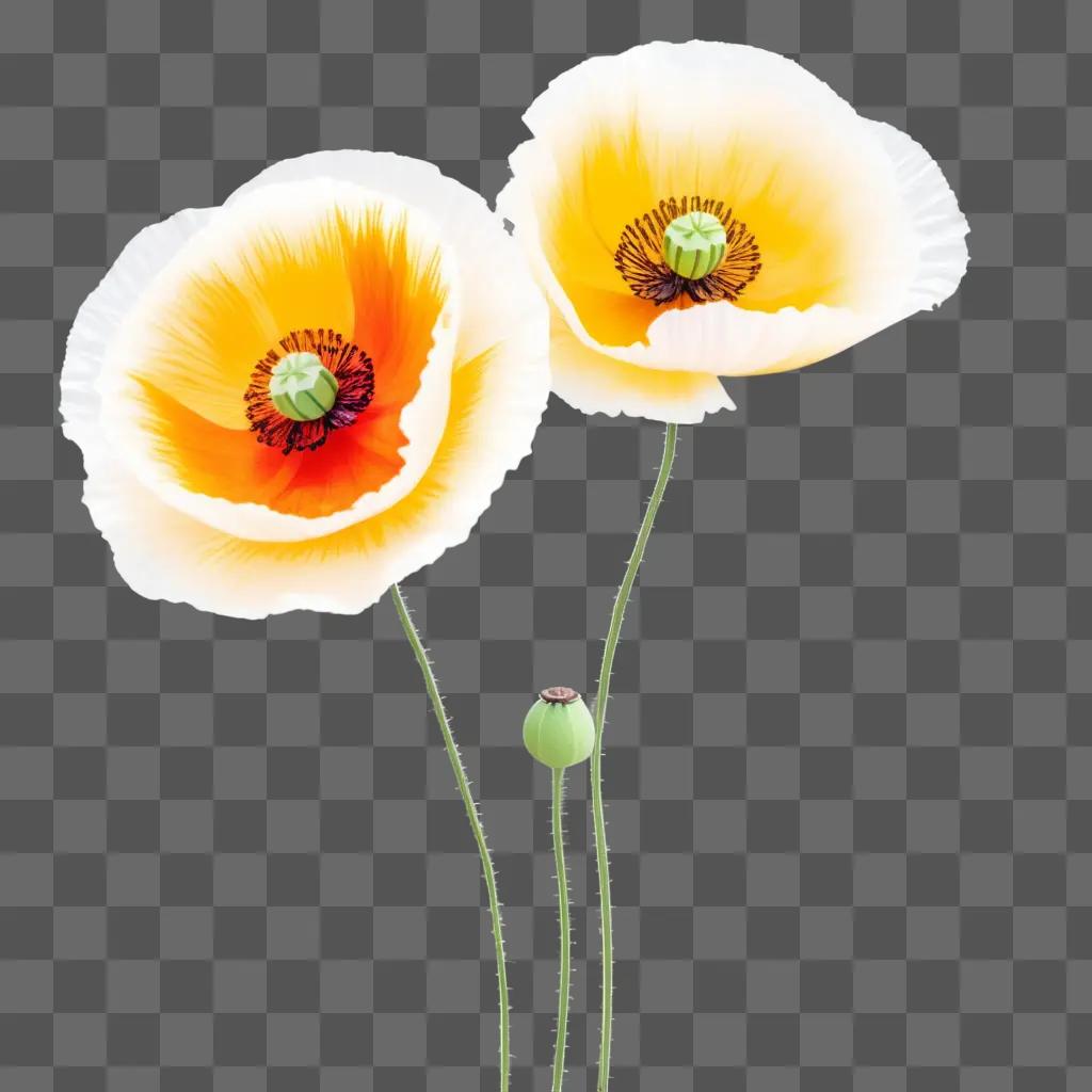 Two poppy flowers with yellow petals and green stems