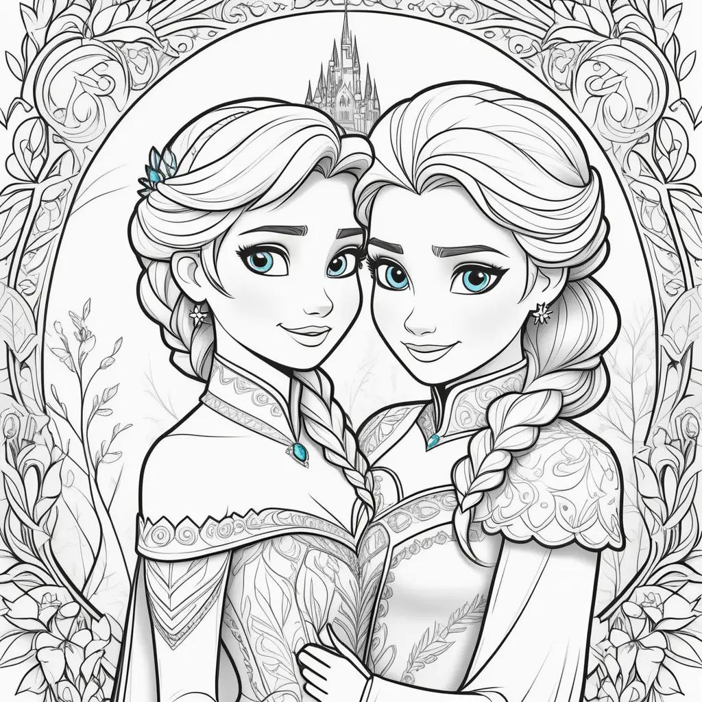 Two princesses embrace in a coloring page