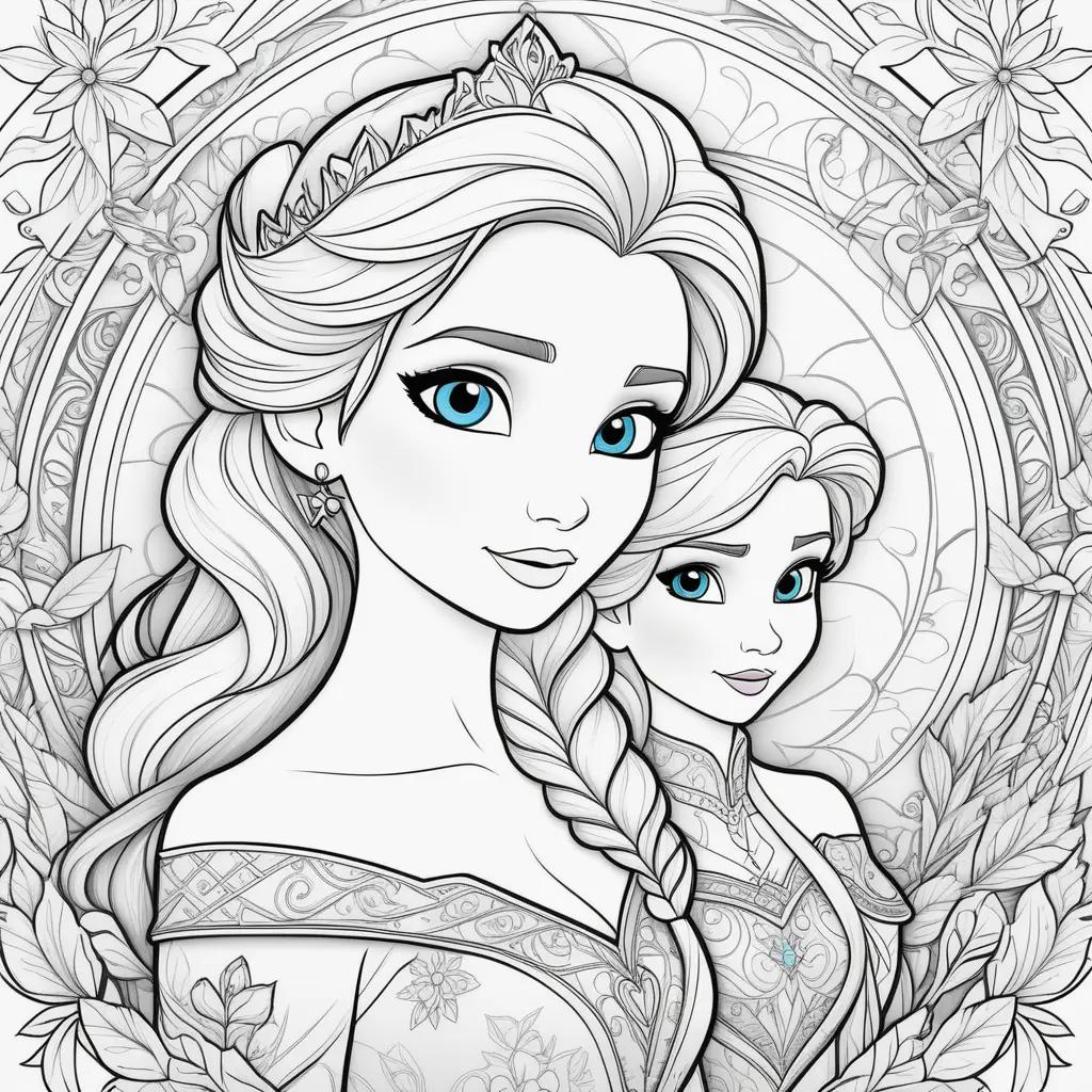 Two princesses in a flower-filled coloring page