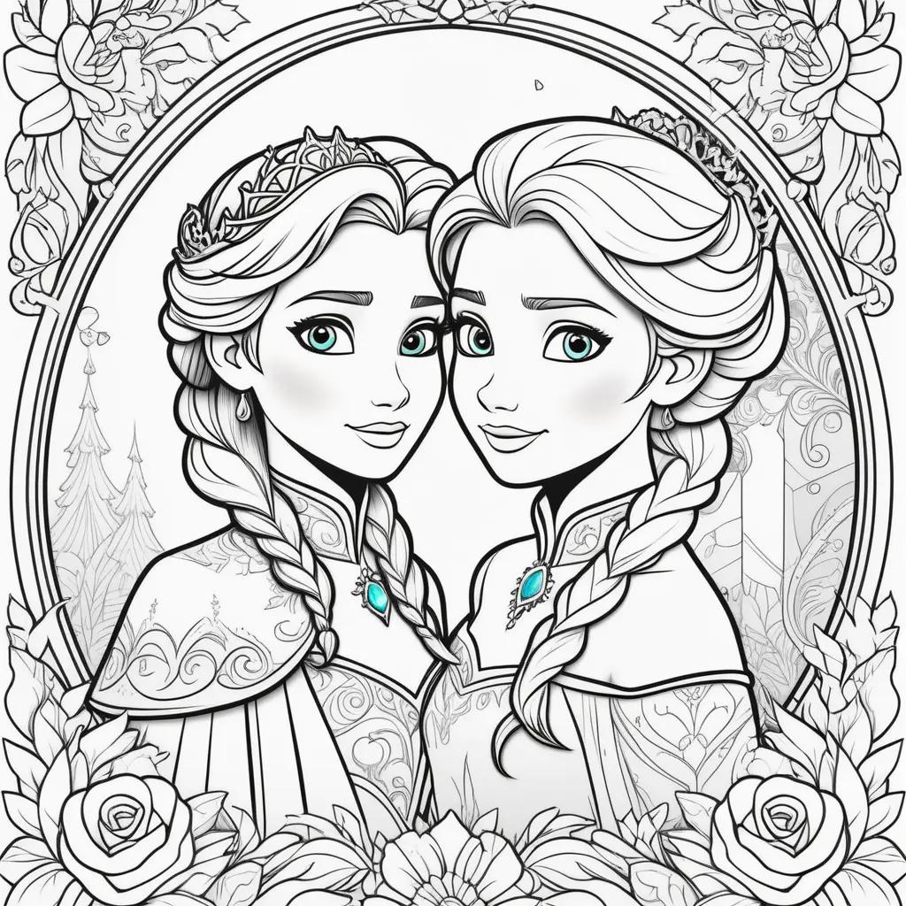 Two princesses in a frame with flowers and roses