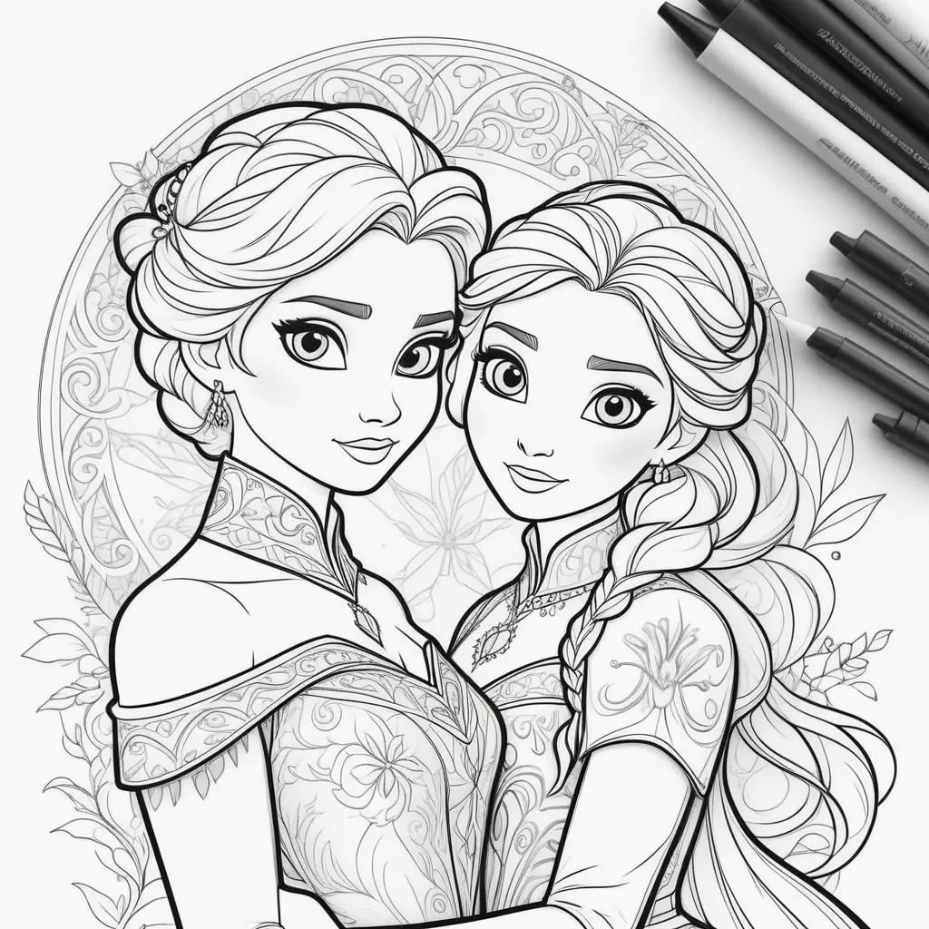 Two princesses in black and white coloring pages