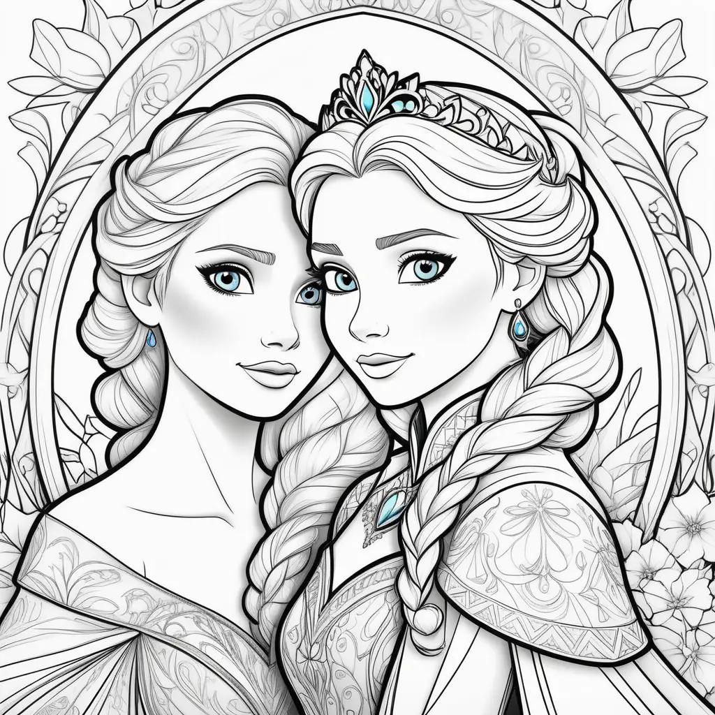 Two princesses in black and white coloring pages