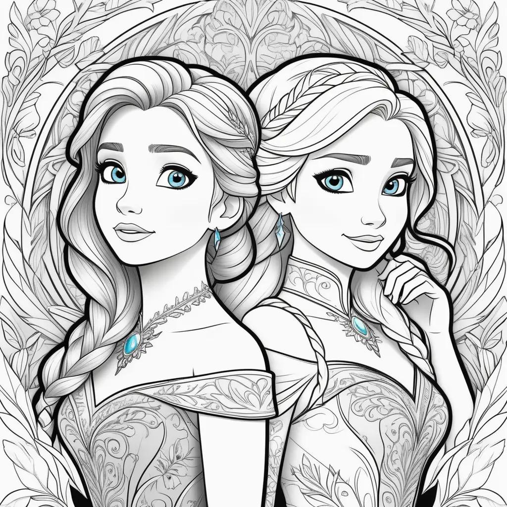 Two princesses in matching outfits in anna and elsa coloring pages