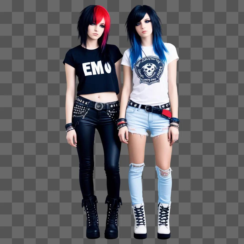 Two punk rockers in emo clothes pose for photo