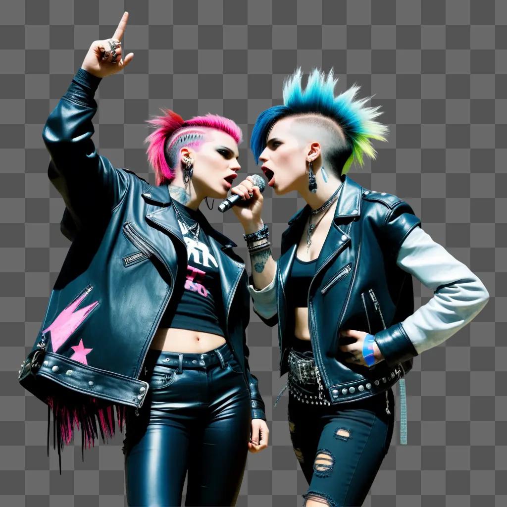 Two punk rockers with spiky hair sing into microphones