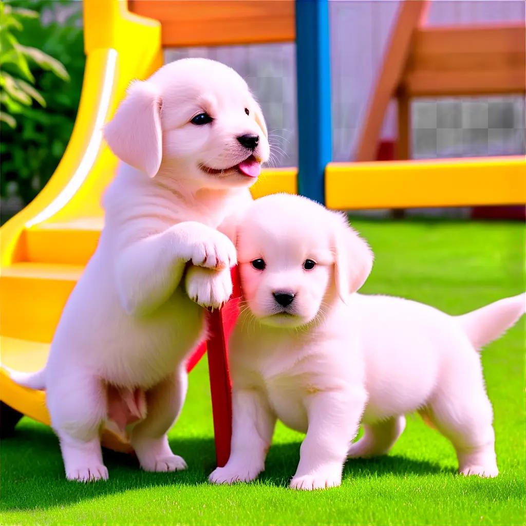 Two puppies pose in a yard