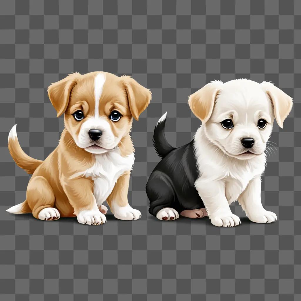 Two puppies sit together on a beige background