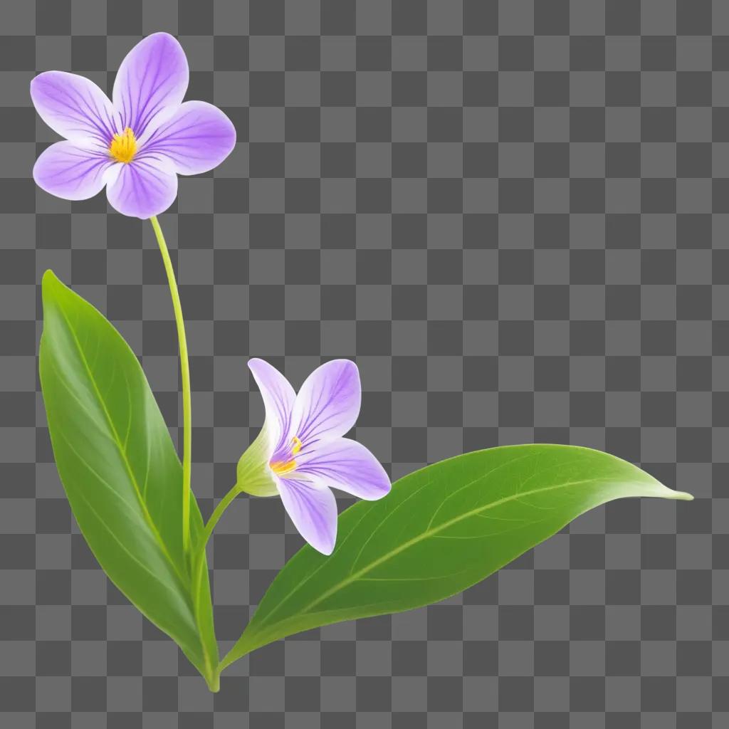 Two purple flowers with green leaves on a green background