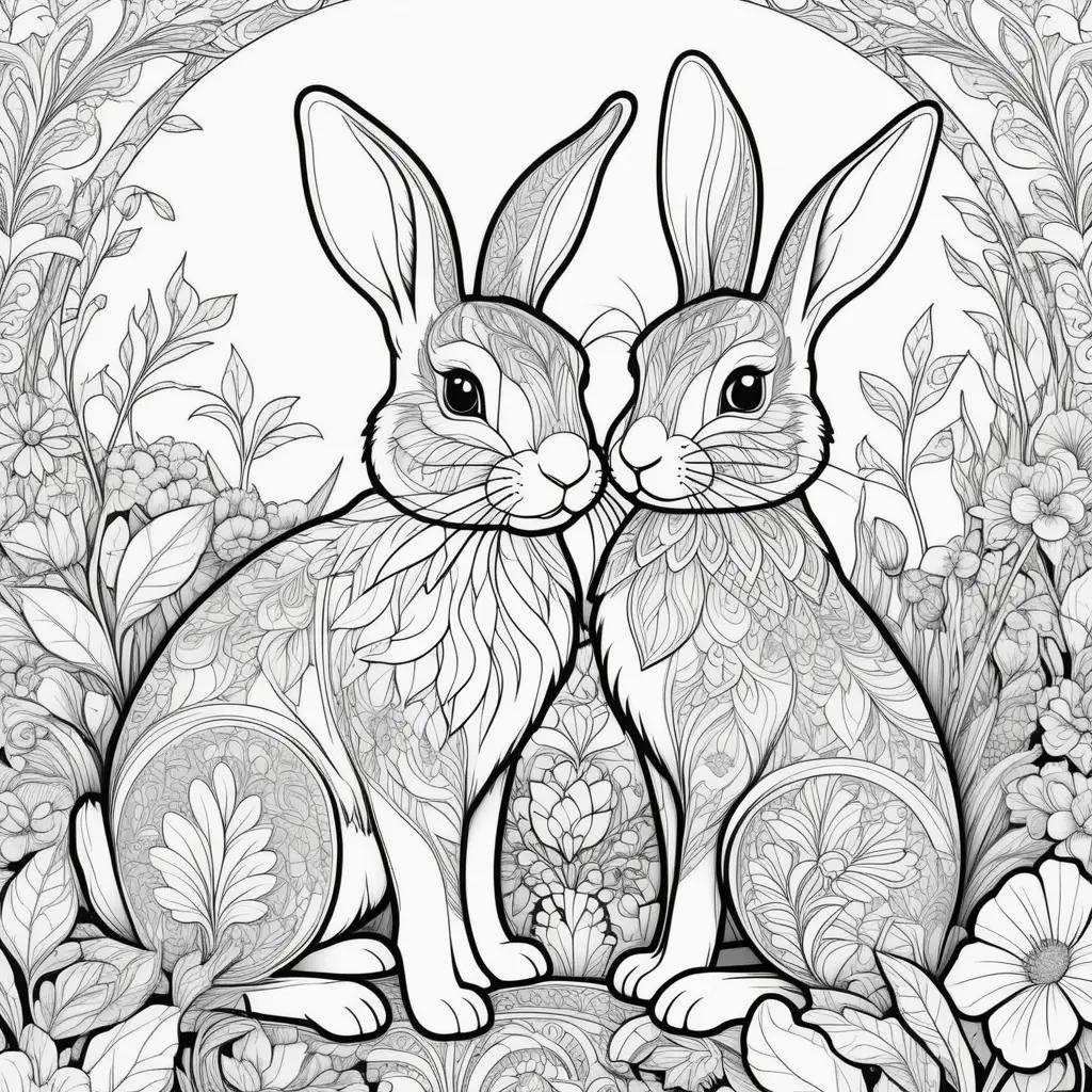 Two rabbits in a floral frame coloring pages