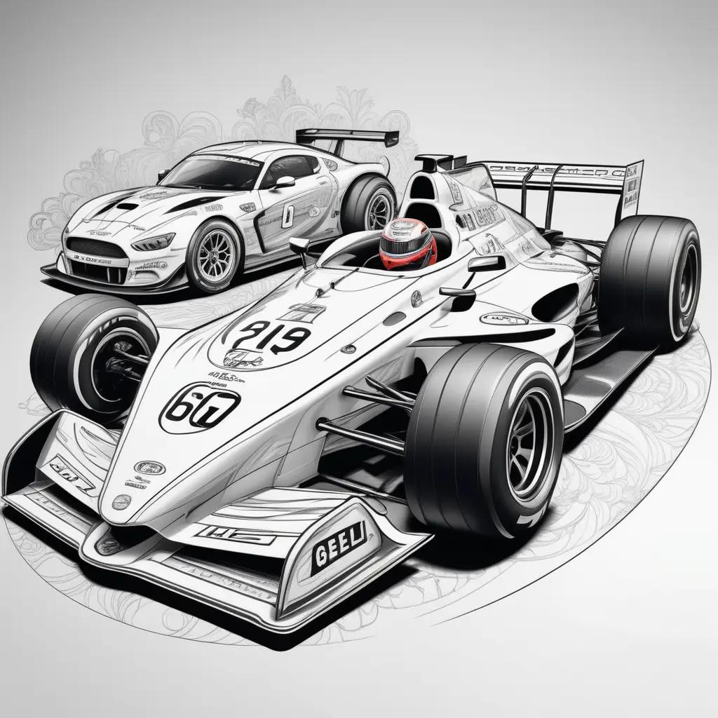 Two race cars drawn in a white coloring book