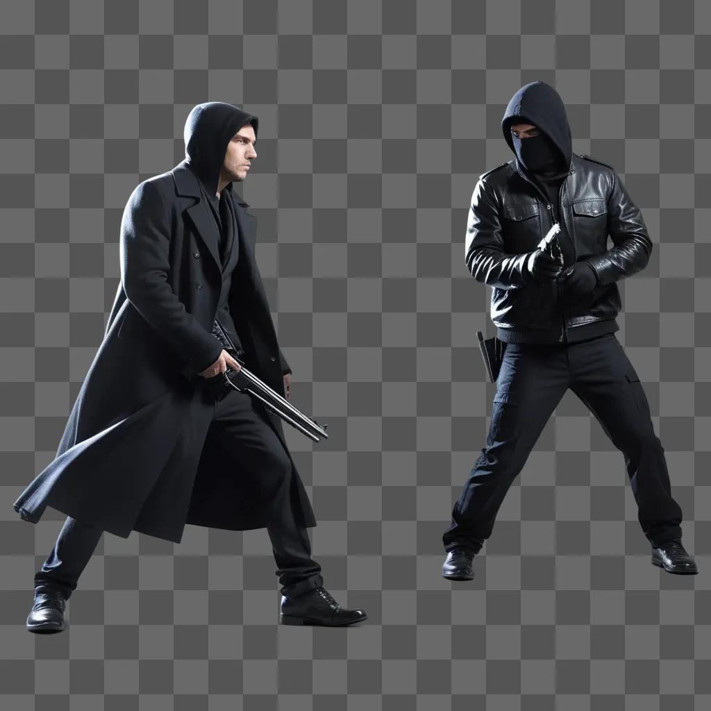 Two robbers in black suits and hoods