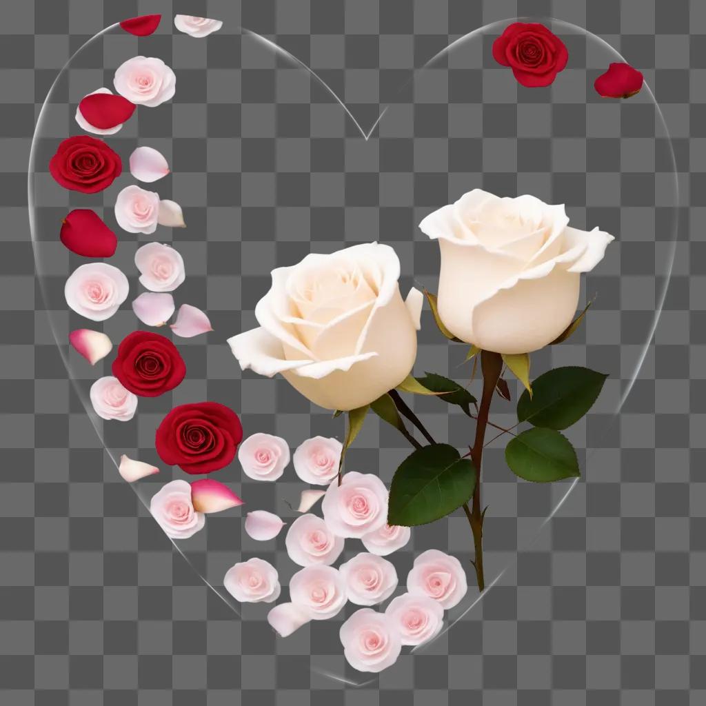 Two roses, red and white, are surrounded by rose petals