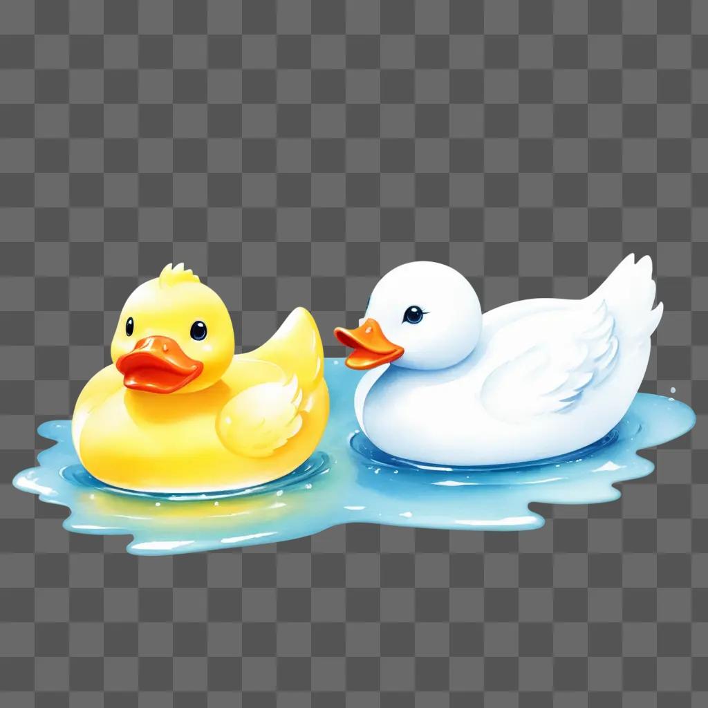 Two rubber ducks float in water with yellow and white colors