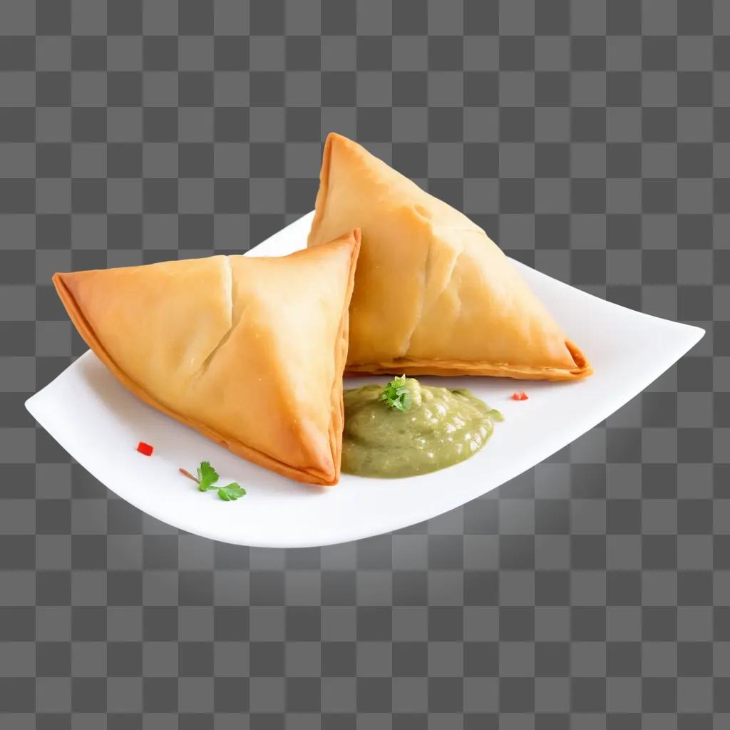 Two samosas with a green dip on a plate