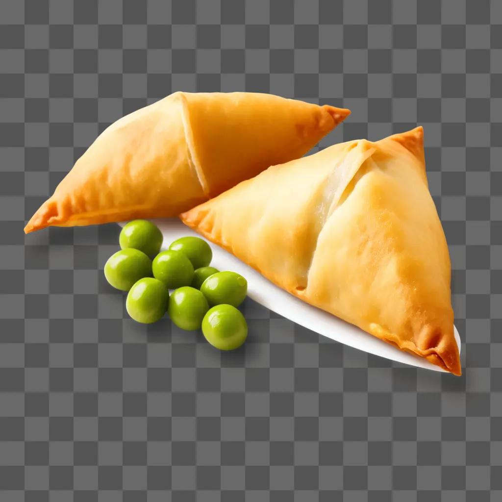 Two samosas with peas on a plate