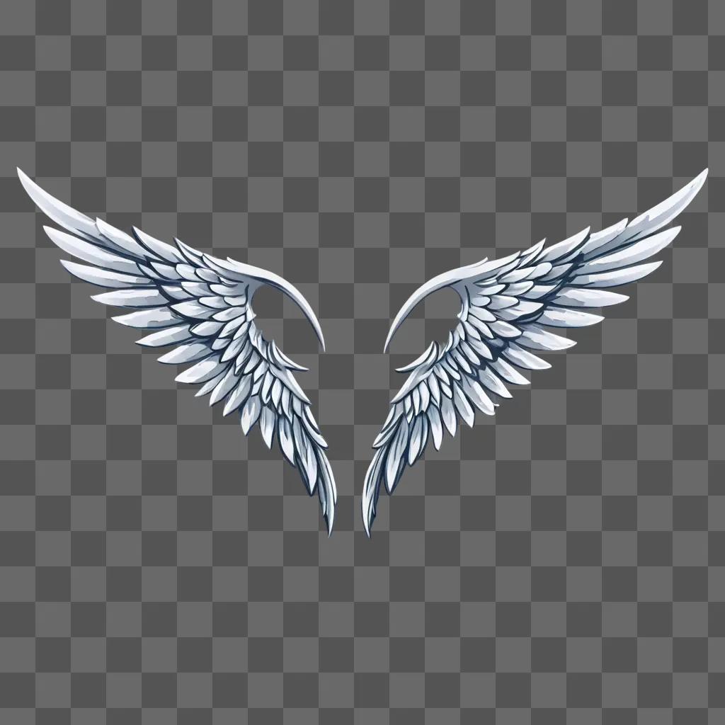 Two silver angel wings on a grey background