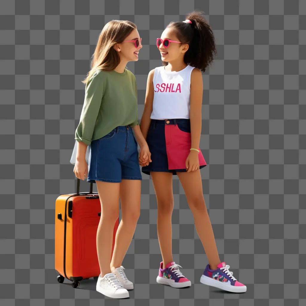 Two sisters in matching outfits with a suitcase