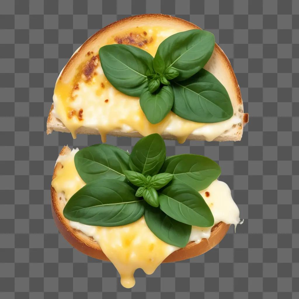 Two slices of bread topped with melted cheese and basil