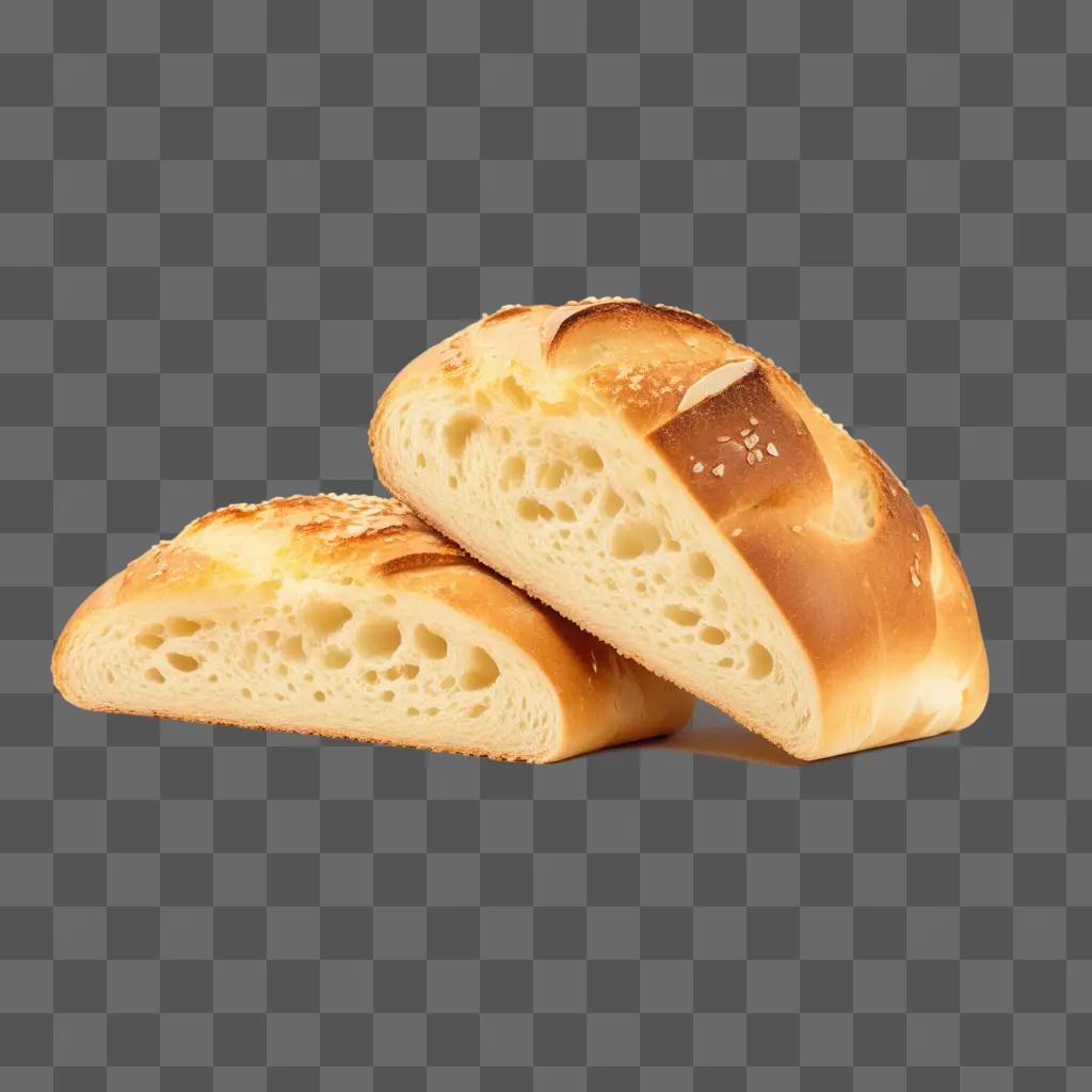 Two slices of bread with a crust on a beige background